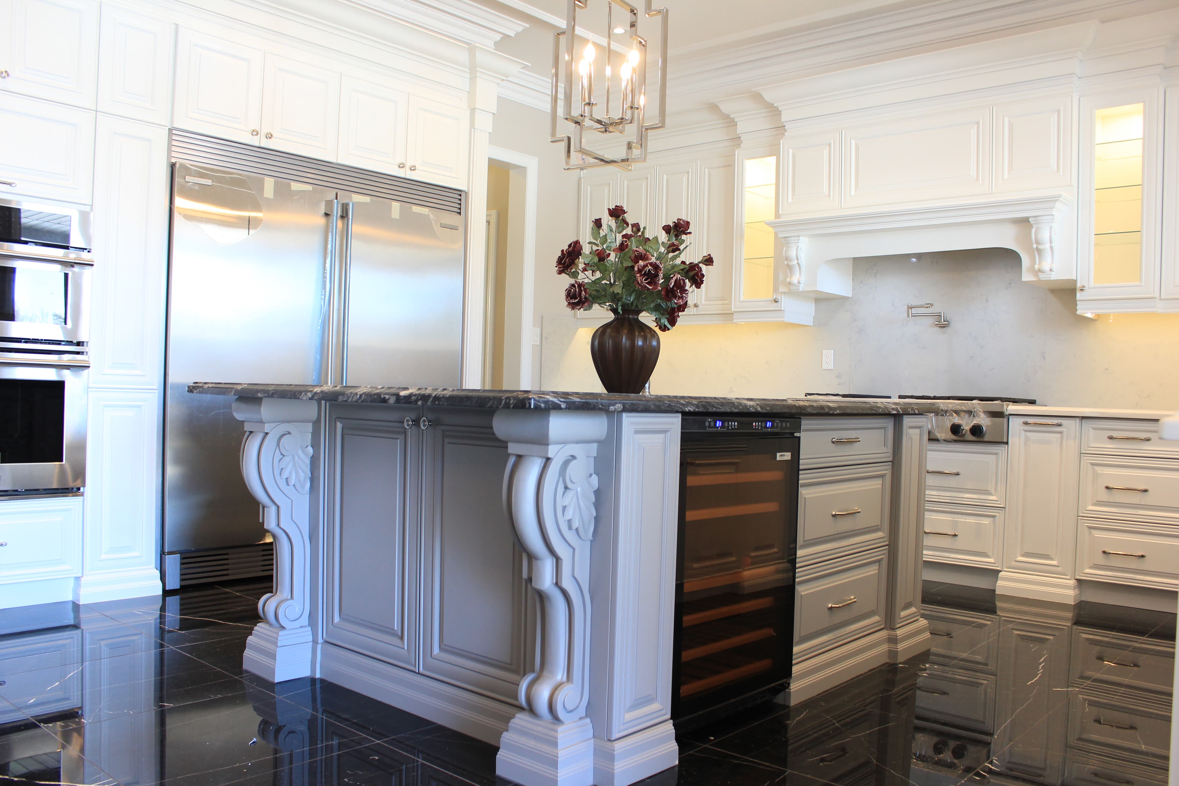Traditional Kitchen with L Shape Design, Built-in Appliance Pantry Section, and Double Sink Placement