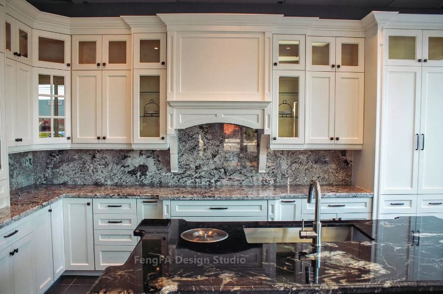 Transitional Kitchen Featuring Retro Style Granite Countertop And Glass Door Cabinets Combinations